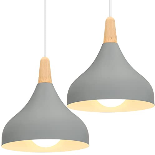 iDEGU 2 piezas Lámpara Colgante Moderna, Lámpara de Techo Madera Metal Estilo Nordico Iluminación E27 Luz de Techo Interior para Comedor Salon Dormitorio, 20CM (Gris)