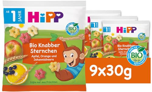 HiPP Bio für Kinder Knabberprodukte Knabber Sternchen mit Apfel, Orange und Johannisbeere, 9er Pack (9 x 30g)