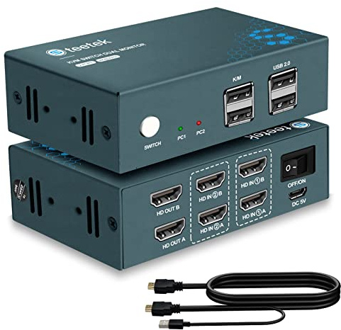 HDMI KVM Switch 2 Monitore, Steetek USB2.0 4K@30Hz 2 PC 2 Monitor Switch, HDMI1.4, HDCP1.4, KVM Switch 2 PC 2 Monitore mit Kombi-Kabel, Button Switch und Hotkey Switch
