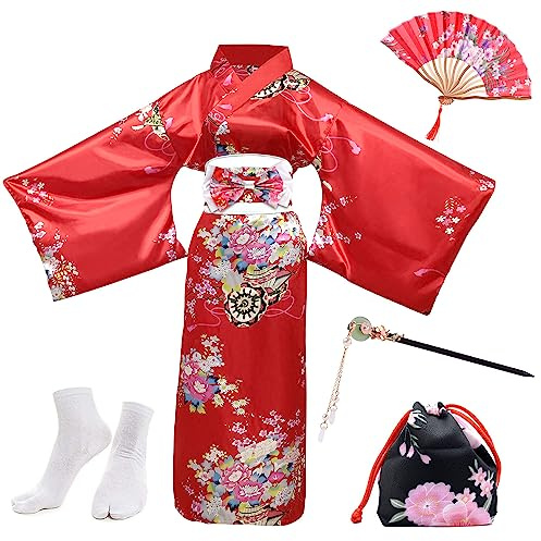 PLULON 5 Pcs Robe Japonaise Geisha Yukata Robe Blossom Satin Peignoir avec Sac à Cordon Main Ventilateur Épingle à Cheveux Tabi Chaussettes Ensemble pour Femme