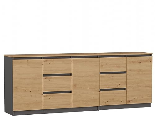 CDF Modernes Großes Sideboard Costa 200cm Möbel-Set 3 Türen 6 Schubladen Grifflos Kommode für Wohnzimmer Schlafzimmer Minimalistische Anrichte Viel Stauraum - Eiche Artisan/Anthrazit