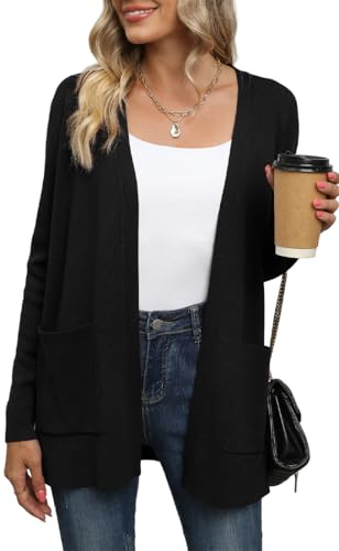 Yommay Cárdigan para mujer, elegante, holgado, informal, ligero, otoño, manga larga, suéter con bolsillos, A01-negro., L