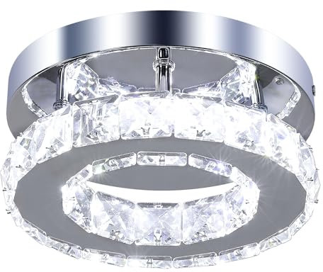 DELIPOP Modern LED Ceiling Light, 12W Mini Crystal Chandelier Flush, Led Ceiling Lamp Finish Chrome, Crystal Pendant for Bedroom, Kitchen, Living Room, Hallway, Dining Room, Cool White 6500K