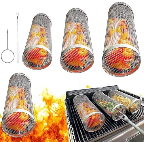 Lvpradior 3 Stück Rollendes Grillkorb Set, Zylindrischer Edelstahl Grillkorb, Rolling Grilling Basket, Portable Grill Netze Zylinder, für Camping und Terrassengrills Freien, für Gemüse