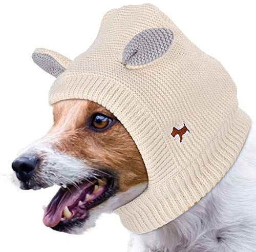 JOROBURO Dog Hat, Washable Cozy Knitted Pet Dog Beanie Hat with Rabbit Ears, Winter Crochet Puppy Hat Cute Puppy Neck Ear Warmer Pet Cap for Small Medium Dogs Cats (Beige)