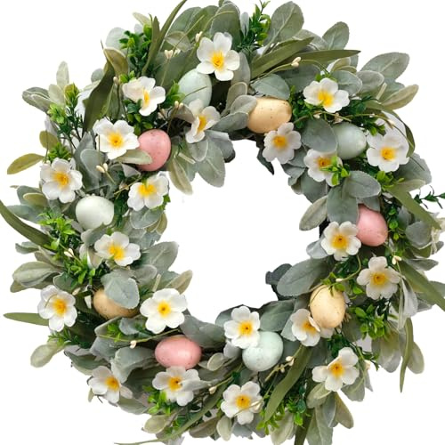 22 Inch Spring Easter Green Leaves Wreath for Front Door, Easter Bunny Wild Flower Eggs Wreath for Home Decoration, Rustic Farmhouse Lamb Ears Floral for Home