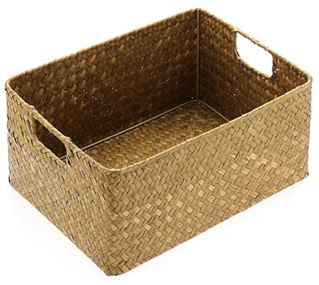 IGNPION Cesta abierta de almacenamiento de junco marino, organizador decorativo de toallas de mimbre tejido para sala de estar, caja de almacenamiento rectangular para baño, cesta multiusos, color