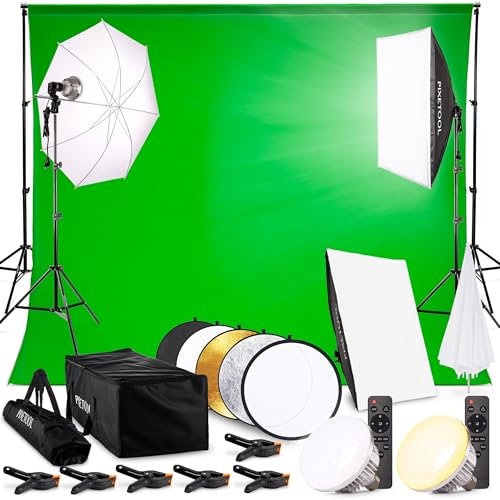PIXETOOL Set de Estudio Fotografía - Green Screen (3 x 3 m) con Soporte (3 x 2,6 m) - Softbox con Luces - Fondo Fotografia - Caja de Luz Fotografía - Accesorios Fotografia Gaming Streaming