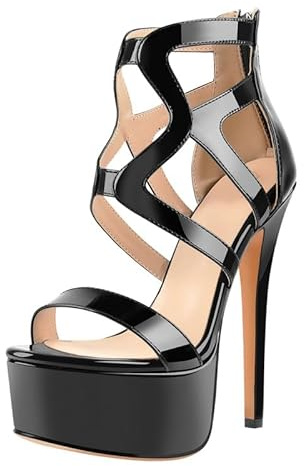 blingqueen Crisscross Strappy Heels Sandals Stiletto Heels Ankle Strap Heel Black Platform Gladiator Sandals Zip Up Heeled Sandals Patent Leather Slingback Backless Sexy 6 Inch Heel for Women UK 6
