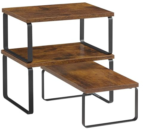 SONGMICS Organizzatori Armadio da Cucina, Set di 3 Scafali da Banco, Impilabili, Portaspezie Espandibile, in Metallo e Legno Ingegnerizzato, Nero Opaco e Marrone Vintage KCS220K02