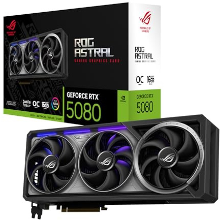 ASUS ROG Astral GeForce RTX 5080 OC Edition Gaming Graphics Card (PCIe 5.0, 16GB GDDR7, HDMI/DP 2.1, 3.8 Slots, 4-Fan Design, Axial Fans, Patented Steam Chamber,