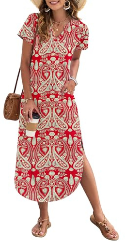 AUSELILY Women's Summer Casual Maxi Dress Short Sleeves V Neck Loose Sundress Split Long Beach Shirt Dress Vacation