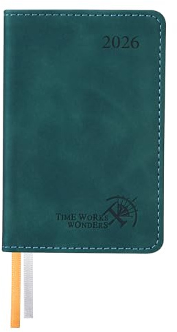 POPRUN Mini Agenda 2026 Semana Vista, Pequeña en Español 11.5 x 7.5 cm - Semanal A7 con Tapa Blanda en Cuero PU y Papel de 70 g/m² EU, Verde petróleo