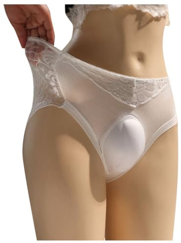 Menstrual Flat Girl Underwear Lace for Men 3D Sponge Cup Cushion U Three Triangle Underwear Sexy Briefs Cotton High Waist, white, L
