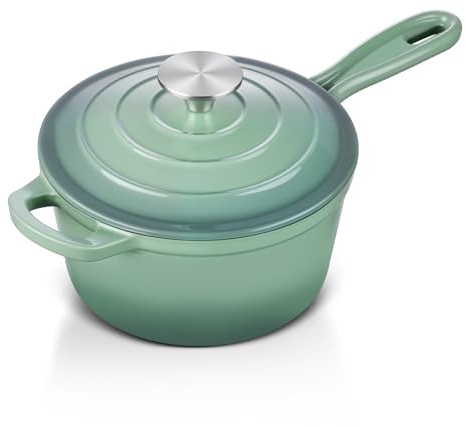 Enameled Cast Iron Sauce Pan with Lid, Leonyo 1 Quart Saucepan with Lid, Enamel Cast Iron Dutch Oven Kitchen Cookware for All Cooktops Cooking Soup, Milk - Up to 500°F & 4.4Lbs, Pistachio Green