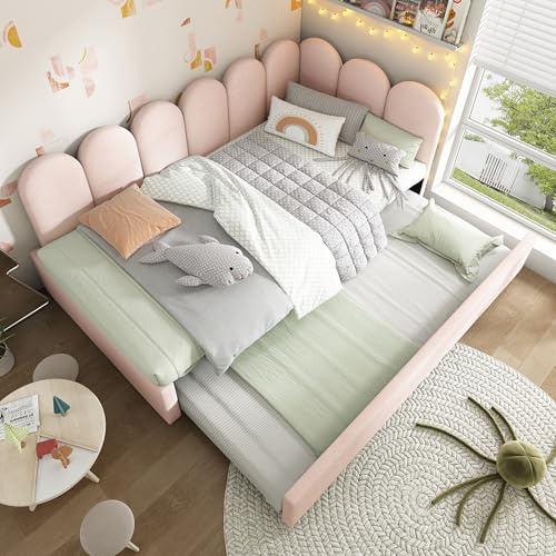 EINHOM Upholstered Bed with Daybed for Easy Mobility and Space Saving. Suitable for Both Adults and Children, The Bed is Made of Velvet with a Matching Metal Frame.Pink (No Mattress) (Pink+Daybed)