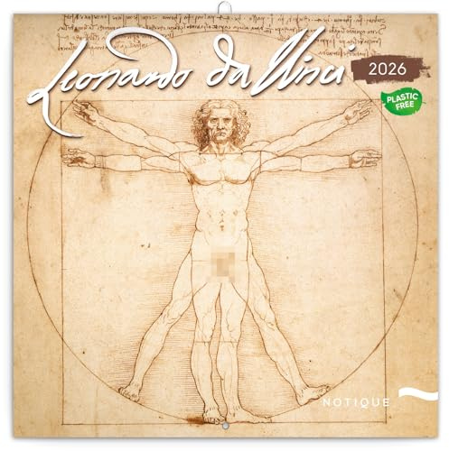 NOTIQUE Calendario da parete 2026 Leonardo da Vinci, calendario mensile in brochure, design estetico 30 x 30 cm (aperto 30x60)