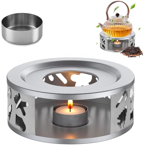 Vlecexs Calentador de Tetera de Acero Inoxidable con Portavelas, Calentador de Té Calentador de Café, Calentador de Base Redonda con Candelabro, Apto para Teteras y Cafeteras, Halloween, Navidad