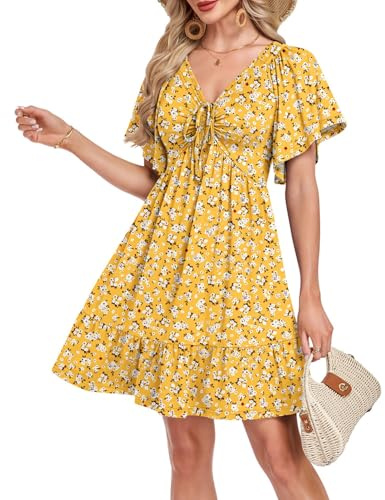 AUSELILY Robe Ete Femme Chic et Élégante - Robe de Plage Fluide avec Poches | Robe V-col à Cordon,Manche Courte,Volante Légère Longueur Genou