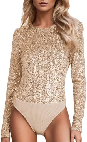 KBOPLEMQ Body da Donna per Festa con Paillette Oro Elegante per Capodanno, Maniche Lunghe, Blusa con Paillette, Bodysuit Nero con Spalline, Shapewear Termica, Top Sexy, O Gold, S