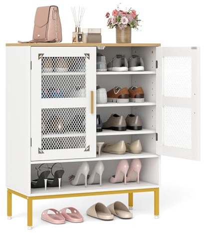 COSTWAY Meuble Chaussure, Armoire a Chaussures à 5 Niveaux avec Portes en Maille, 3 Étagères Réglables, Pieds en Métal, Organisateur Moderne pour Entrée, Couloir, Salon, 70 x 35 x 93 cm, Blanc