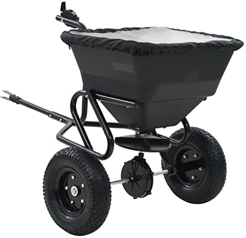 Mokuyary Carro de mano salero para tirar de PVC, acero, 125 x 74 x 79 cm, 45 l, esparcidor de semillas, para sal, fertilizante, semillas de césped
