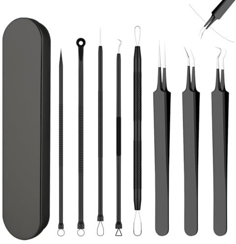 JIRVEX Set de Extractor de Puntos Negros 8 piezas Herramientas para Eliminar Granos con Pinzas y Extractor de Comedones de Acero Inoxidable para Cara y Nariz