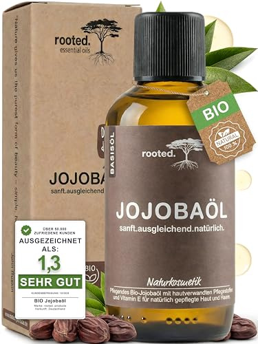 rooted.® BIO jojobaolja | [100 % ren & kall prest] | nativ | för ansikte, kypert, hår, skägg och naglar | för oren hud och finnar | fukt och vård | naturlig olja vegansk