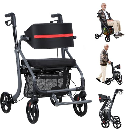 Deambulatore rollator senior, deambulatore a 4 ruote pieghevole con sedile, aiuto per camminare adulto in alluminio leggero, rollator fuoristrada ruote 20 cm, altezza regolabile, freni, borsa