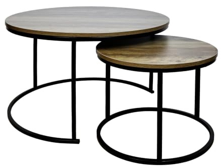 OHS Nest of Tables Set of 2 Stacking Round Coffee Table, Dark Wood | Wooden Stylish Nesting Tables with Sturdy Metal Frame Side Table Living Room Bedroom Office Easy Assembly End Table