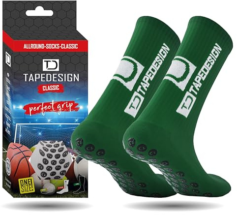 Tapedesign - Classic 1 Pair Non-Slip Football Grip Socks Green (Size 5-14) for Men, Women & Kids - Soccer Socks for Adults & Youth (Unisex) - Anti-Slip Sport Socks for Basketball, Tennis & Running
