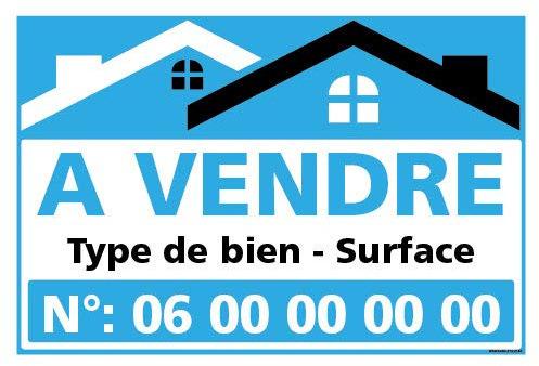 Signalétique.biz France - Panneau Immobilier Personnalisable à Vendre - Bleu - Plastique rigide AKILUX 3,5mm - Dimensions 600x400 mm - Protection Anti-UV