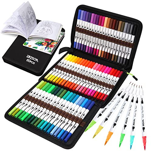 Duo Tip Brush Colouring Pens, ZSCM 60 Colours Duo Tips Fineliners Paint Brush Markers Set, Gifts for Women, Adults,Drawing Gift Card Making Painting School Supplies