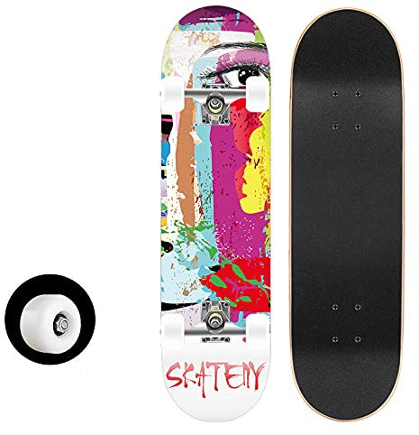 Skate Ojos De Colores Skateboard 80x20 cm 7 Capas de Madera de Arce con Rodamientos ABEC-7 Skateboard Niña Monopatin Niños Skate Completo Adecuado para Principiantes Adulto Longboard