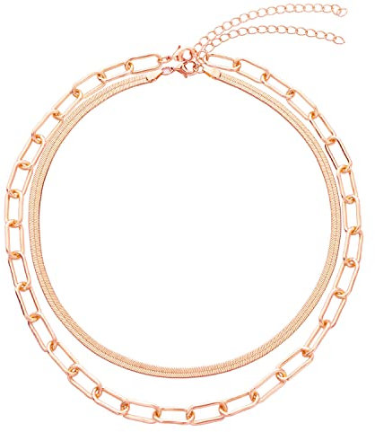 BaubleStar Damen Mehrreihige Kette Rosegold Ankerkette und Fischgrätenmuster Halskette Schlangenkette Klassische Ketten Set aus Edelstahl Titan Schmuck für Frauen Mädchen