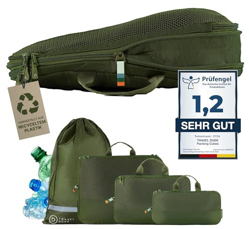 TRAVEL DUDE Organizador de Maletas con Bolsas de Compresión para Equipaje | De Botellas de Plástico Recicladas | Bolsas Organizadoras Maleta | Packing Cubes (Verde Forrest, 4 piezas)