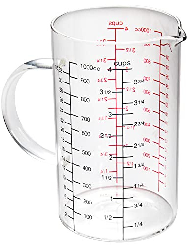 77L Glass Measuring Cup with Handle, [Double-Sided Measuring Scale, V-Shaped Spout, Insulated handle], High Borosilicate Glass Measuring Cup with Three Scales (OZ, Cup, ML) for Liquid (4 Cup)