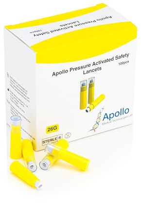 Apollo Pressure Activated Safety Lancets - 100pcs/box (Yellow, 26G)