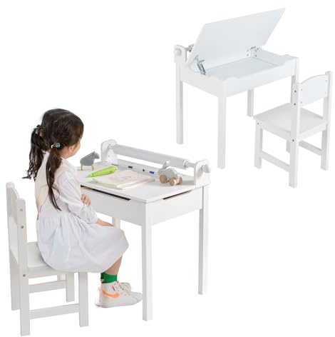 LIFEZEAL Pupitre Infantil con Silla y Tablero Plegable (Blanco) | Escritorio escolar para niños de 3 a 12 años con cajón y portarrollos de papel