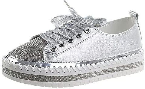rismart Mujeres Moda Plataforma Rhinestone Low-Top Cordones Zapatillas Zapatos para Caminar Plateado, 40 EU