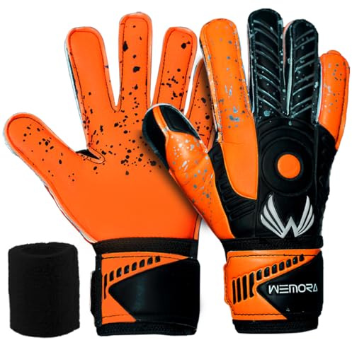 WEMORA Soccer Goalie Gloves Fingersave for Kids Youth Adults with 7.5MM Strong Grip Palm Flexible Finger Spines Goalkeeper Gloves (Orange, Size 5 Suitable for 9 to 12 Years Old, Ambidextrous)