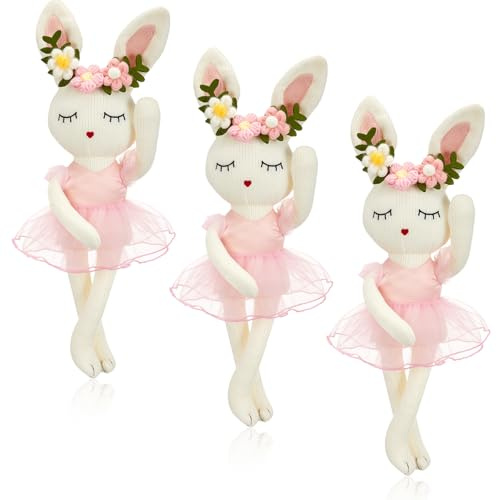Junkin 3 Pcs Easter Bunny Ballerina 14 Inch Stuffed Animal Plush in Pink Ballet Outfit Rabbit Doll Ballerina Gift for Bad Long Leg Bunny Stuffed Animal(White)