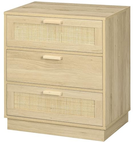 HOMCOM Cómoda de Noche con Cajones de Rejilla de Ratán Cómoda de Dormitorio Estilo Bohemio Antivuelco para Sala 60x38x69 cm Natural