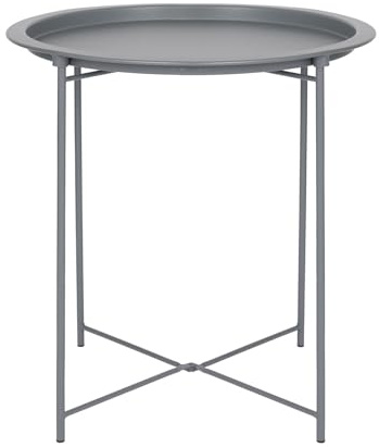 Harbour Housewares Round Tray Table with Removable Tray - Pack of 1 - Matte Grey Steel Bed Side Table Raised Lip Serving Dish Compact Collapsible Folding Stand for Bedroom, Home and Office