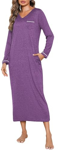 Leversic Women Long Sleeve Nighties Long Nightgown Front Chest Pocket V Neck Cotton Nightdress Home Nightwear for Lounge(Purple,S)