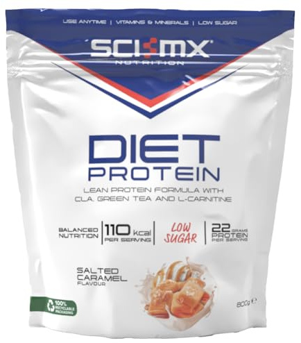 SCI-MX Diet Whey Protein Powder + Vitamins & Green Tea, CLA & L-Carnitine - Salted Caramel • Low Sugar • 22g Protein + 110 Calories per Serving • 800g