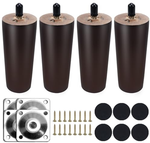 COEWUR 4 Piezas Patas de Madera para Muebles 18cm Nogal Pies para Muebles con Placa de Montaje Tornillos y Protectores de Suelo Patas para Sofas Cama Mesa de Té Mueble TV Sillón Armario