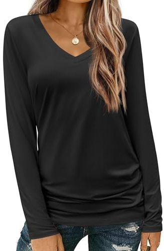Zeagoo Tee Shirt Femme Manche Longue Col en V Tshirt Basique Coupe Ample Uni Haut Décontracté Automne et Hiver Fin Pull Noir M