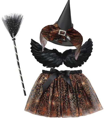 NIEEKRUN Witch Costume Kids 4PCS Halloween Witch Costumes Set with Hat and TuTu Skirt Suit, Black Feather Wings,Broom Magic Fancy Dress Cosplay for Halloween Carnival Party Dress up