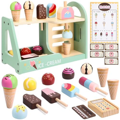 Ice Cream Toy for Kids,Wooden Toys for 2 3 4 5 6 Year Old Girls Gifts, Wooden Play Food Sets for Children Kitchen Accessories,Role Play Toys,Gift for 2 3 4 5 6 Year Old Girl Boy